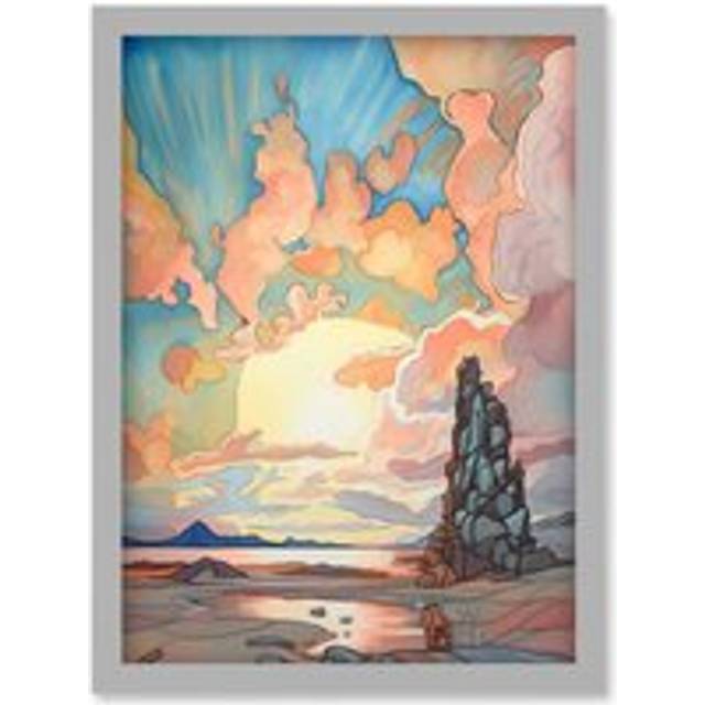Atmospheric Clouds Over Mono Lake at Dawn Lakeside Rock Landscape Modern Watercolour Painting Artwork Framed Wall Art Print A4 - Grey - One Size