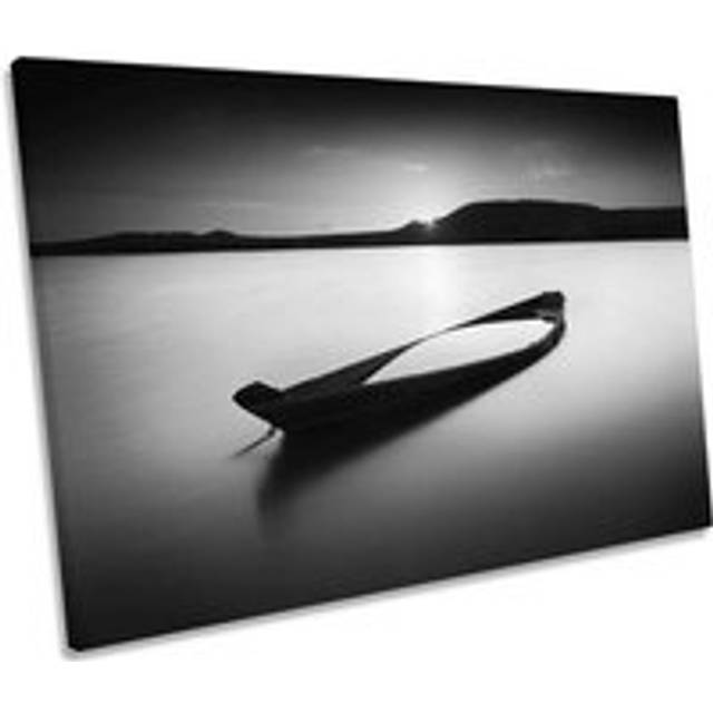 Zuratkul-Zen Lake Boat Sunset Black and White Canvas Wall Art Picture Print - Grey - W30 inch x H20 inch x D20mm