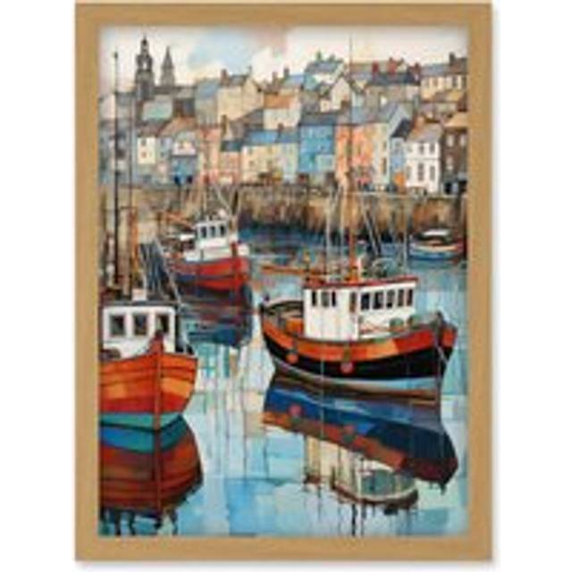 Wall Art Print Newlyn Harbour Trawler Boats Promenade Watercolour Painting Cornwall Coastal Townscape Artwork Framed A4 - Tan - A4