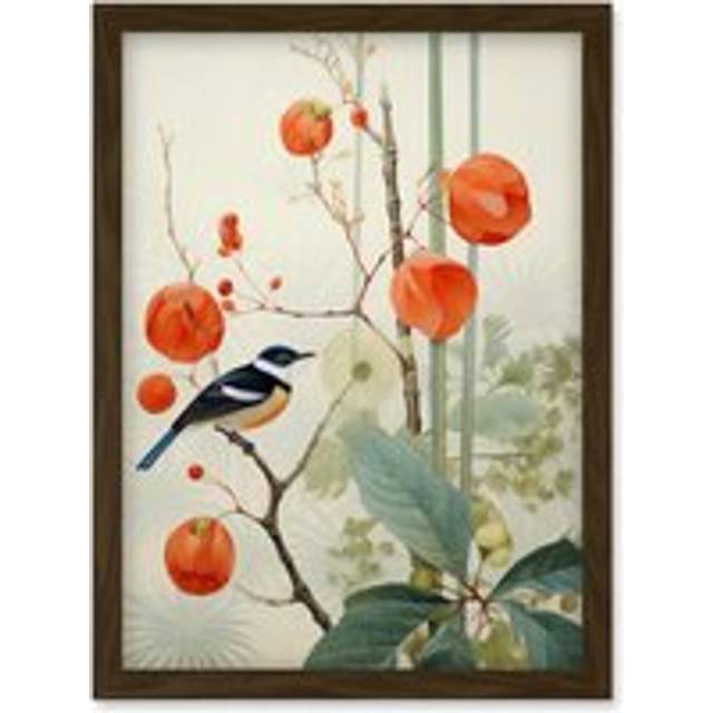 Wall Art Print Small Bird on Blooming Tree Branch Botanical Artwork Red Teal Nature Study Audubon Style Artwork Framed A4 - Brown - A4