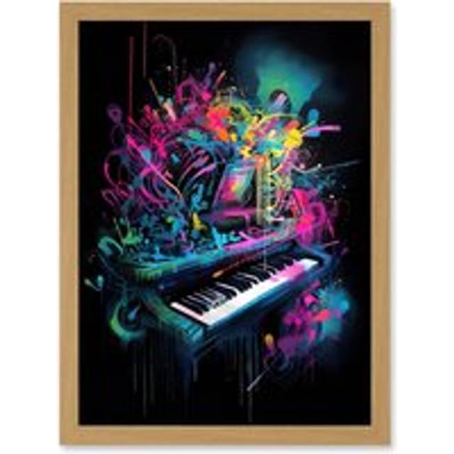 Melodic Explosion Piano Bursting in Vibrant Colours Modern Acrylic Paint Painting Artwork Framed Wall Art Print A4 - Tan - One Size