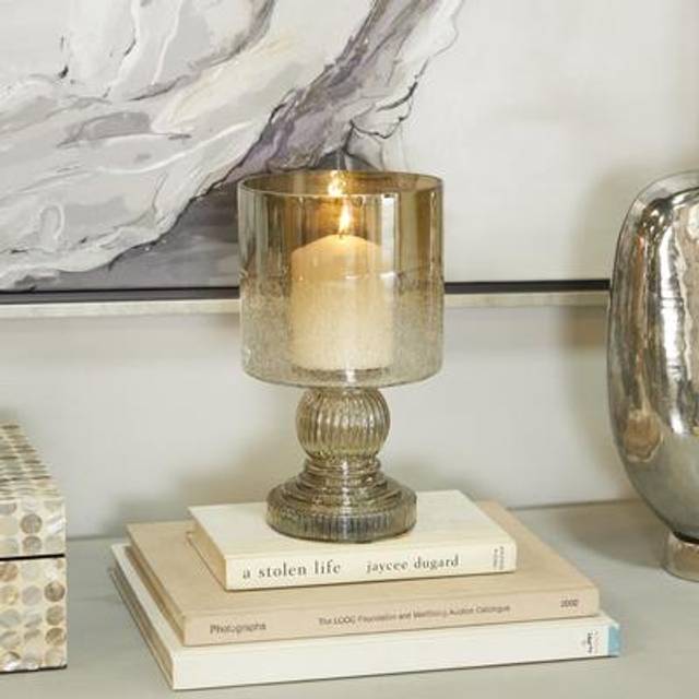 Deco 79 Glass Handmade Turned Style Pillar Hurricane Lamp with Faux Mercury Glass finish  6 x 6 x 11  Brass
