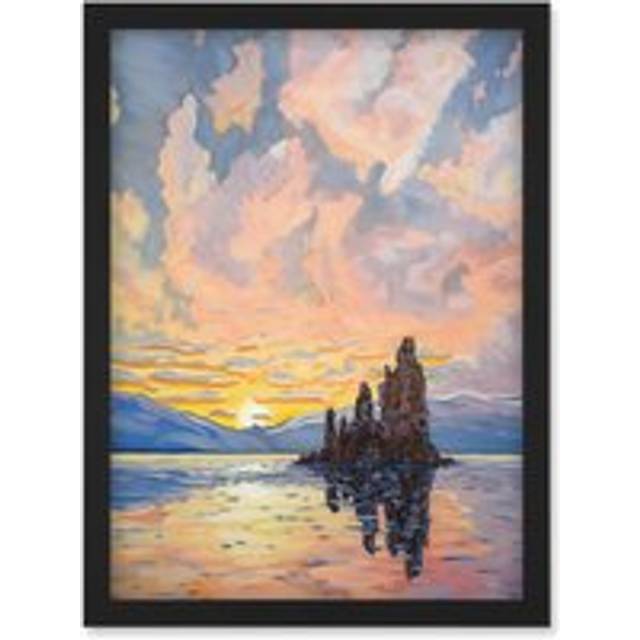 Sunrise Atmospheric Clouds Over Mono Lake Mountain Lakeside Landscape Modern Watercolour Painting Artwork Framed Wall Art Print A4 - Black - One Size