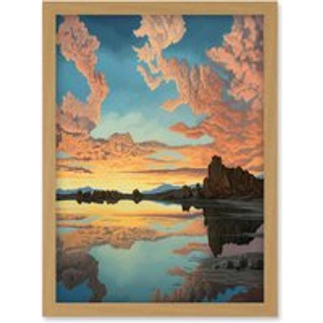 Atmospheric Cloud Reflections Early Morning Dawn at Mono Lake Modern Watercolour Painting Artwork Framed Wall Art Print A4 - Tan - One Size