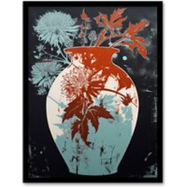 Wall Art Print Abstract Sycamore And Dahlia Artistic Linocut Painting Pastel Blue Red Grey Bouquet Nature Colourful Bright Floral Modern Artwork Art F - Multi - W12 inch x H16 inch