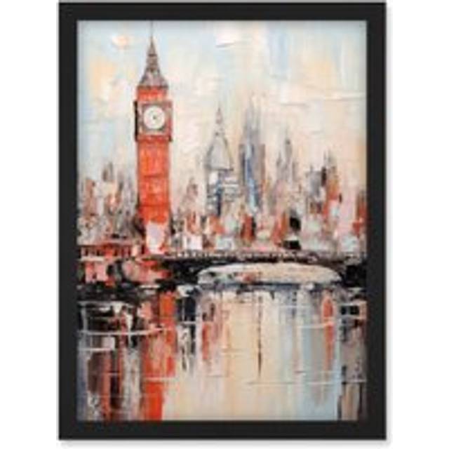 Wall Art Print London Skyline Abstract Oil Painting Thick Paint Red Big Ben River Thames Westminster Bridge England City Artwork Framed A4 - Black - A