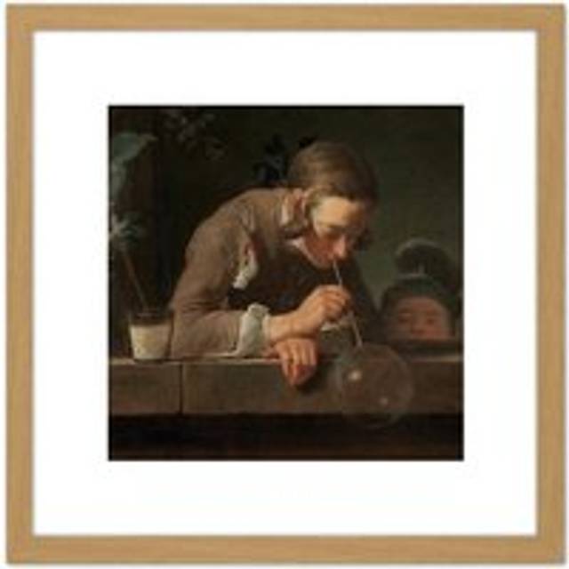 Chardin Soap Bubbles Painting 8X8 Inch Square Wooden Framed Wall Art Print Picture with Mount - Tan - One Size