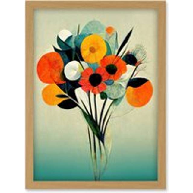 Modern Abstract Oil Paint Summer Flower Bouquet Artwork Framed Wall Art Print A4 - Tan - One Size