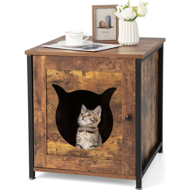 (Brown) Wooden Cat Litter Box Enclosure Kitten House w/Door Side Table