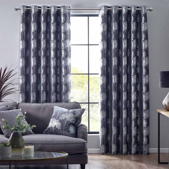 Grey Enchanted Forest Lined Eyelet Ready Made Curtains 117 x 183cm