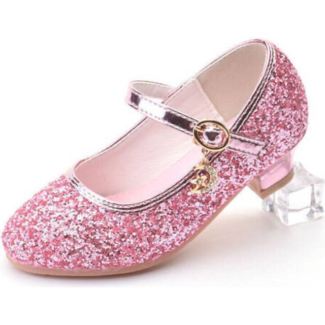 (Pink Glitter, UK8.5 Kids) Kids Girls Childrens Mary Jane Glitter Low Heel Party Wedding Sandals Shoes