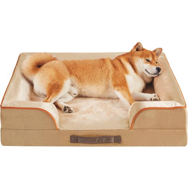 Medium Memory Foam Layer Dog Bed, Washable Orthopedic Dog Bed Couch with Removable Zipper Cover, Waterproof Dog Bed Sofa Bed, Beige, 71x58x(7.5+8.9)