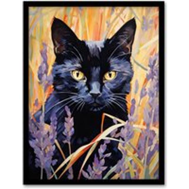 Wall Art Print Black Cat in Lavender Meadow Floral Animal Portrait Framed - Multi - W12 inch x H16 inch