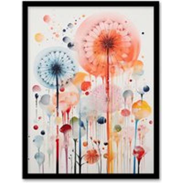 Wall Art Print Dandelion Seeds Fireworks Watercolour Painting Framed - Multi - W12 inch x H16 inch