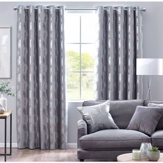 Silver Enchanted Forest Lined Eyelet Ready Made Curtains 117 x 229cm - Grey
