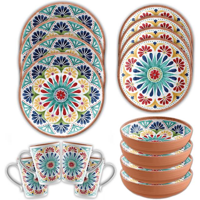 Purely Home Rio Medallion Dinnerware & Mugs Set For 4 (16 Piece Total), Multi