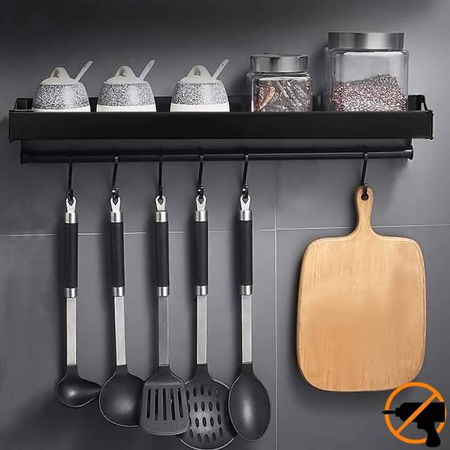 Spice Rack, Wall-Mounted Kitchen Utensil Storage Rack with 6 Removable Hooks, Kitchen Shelf Wall-Mounted Pan Holder