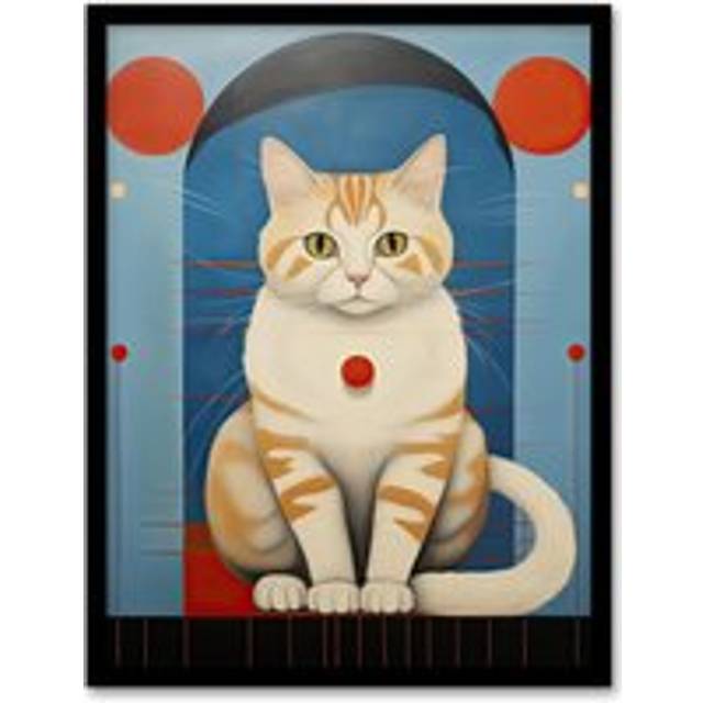 Wall Art Print Cat Hypnotist Oil Painting Orange Red Blue Perched on Window Sill Surreal Portrait Artwork Framed - W12 inch x H16 inch