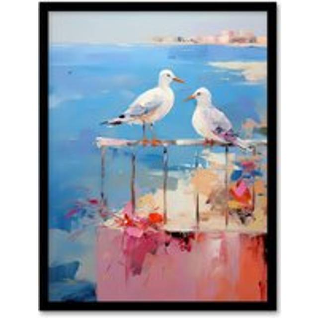 Wall Art Print Birds By the Beach Abstract Oil Painting Blue Pink Orange Bathroom Artwork Seagulls on Railing Artwork Framed - W12 inch x H16 inch