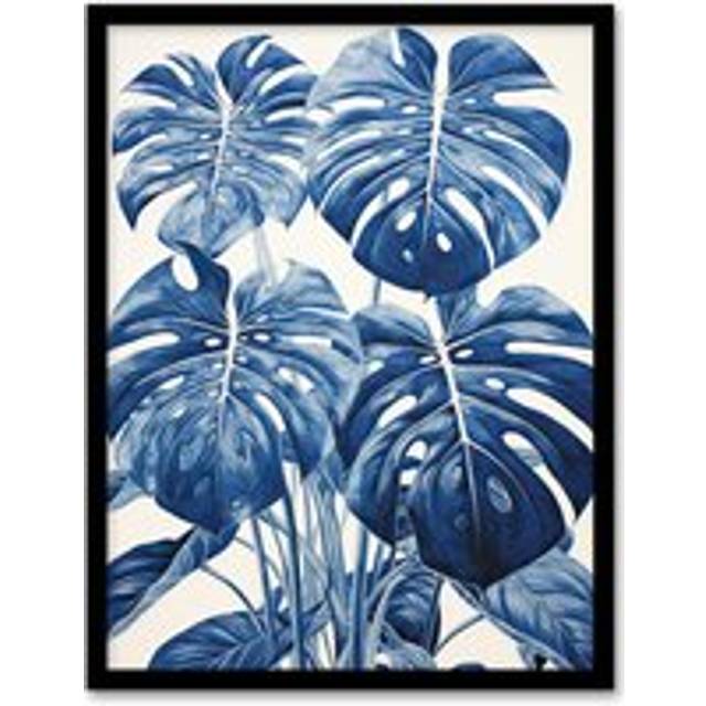 Wall Art Print Monstera Plant Leaves Detailed Blue Pencil Drawing Framed - A4
