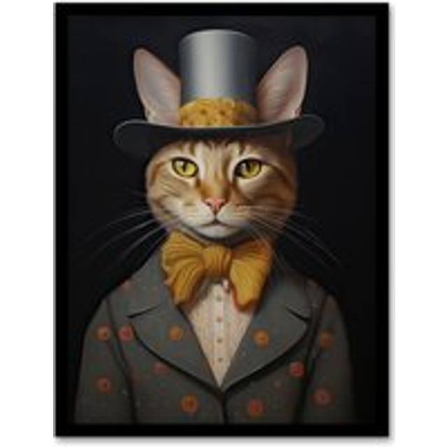 Wall Art Print Mr Buttons Oil Painting Tan Grey Cream Elegant Cat Portrait with Bow Tie and Top Hat Artwork Framed - W12 inch x H16 inch