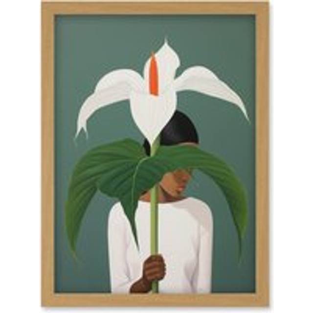 Wall Art Print Giant Peace Lily Showcase Realistic Oil Painting White Teal Green Woman with Flower Minimalist Artwork Framed A4 - Light Oak