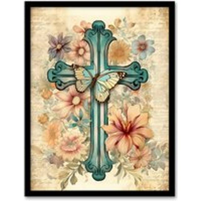 Wall Art Print Flowery Cross Upcycle Watercolour Painting Pastel Colour Flower Blooms and Butterfly Artwork Framed - Beige - A4
