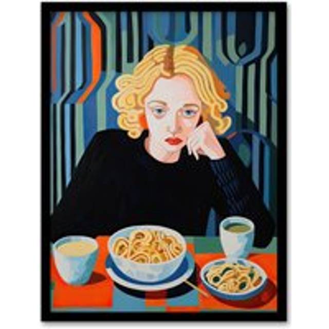 Wall Art Print Dinner For One Colourful Oil Painting Portrait of Woman Eating Noodles in a Japanese Restaurant Artwork Framed - Multi - W12 inch x H16 - W12 inch x H16 inch