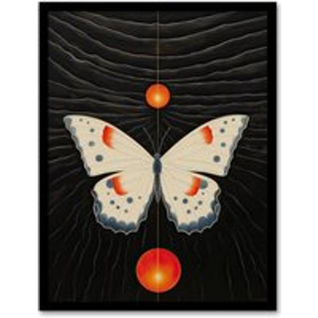 Wall Art Print Chaos Theory Hilma af Klint Inspired Butterfly and Two Suns White Orange Grey Oil Painting Artwork Framed - Black - W12 inch x H16 inch