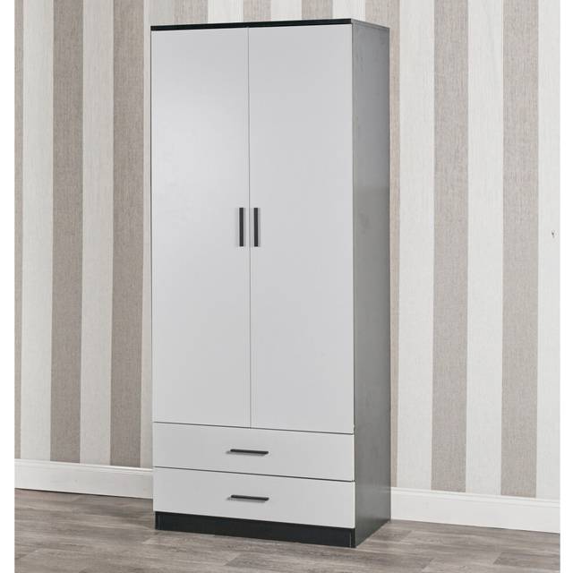 (Grey Carcass & White Drawers) Tall Wooden 2 Door Wardrobe +2 Drawers Hanging Bar