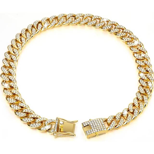 Diamond Pet Cuban Collar Walking Metal Chain with Design Secure Buckle, Jewelry Accessories for Small Medium Large Dogs Cats (Gold, 12 Inch)