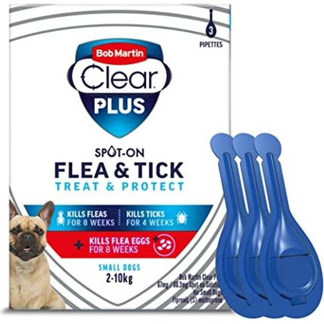 Bob Martin Clear Plus | Spot On Flea Treatment for Small Dogs (2-10Kg) | Kills Fleas, Ticks, Lice & Flea Eggs (3 Pipettes)