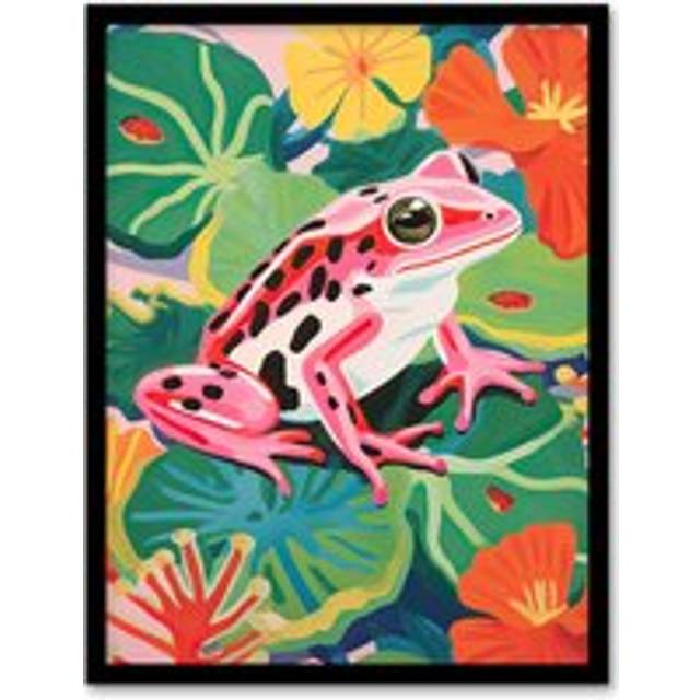 Wall Art Print Pink Frog on Lily Pads Vibrant Oil Painting Pond with Amphibian and Blooming Flowers Artwork Framed - Multi - W12 inch x H16 inch