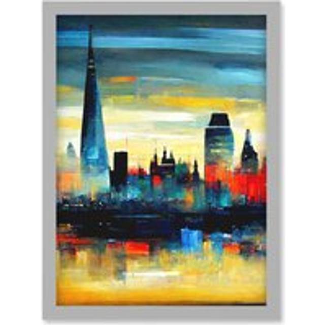 London Skyline Reflecting On River Thames Modern Oil Paint Artwork Framed Wall Art Print A4 - Grey - One Size