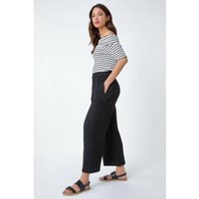 Roman Black Textured Cotton Elastic Waist Culotte Trousers - Size 20