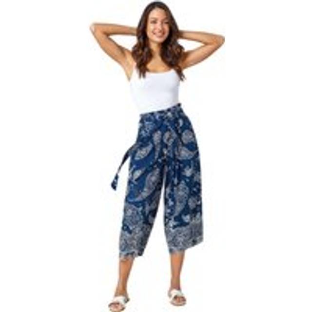 Paisley Print Wide Leg Cropped Trousers - Navy - Size 18 - Roman