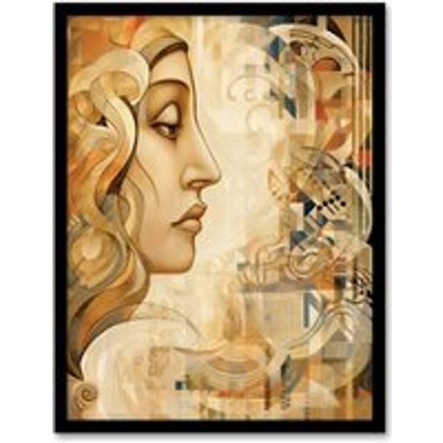 Wall Art Print Abstract Bauhaus Portrait Tan Orange Blue Mid Century Modern Design Artwork Framed - Beige - W12 inch x H16 inch