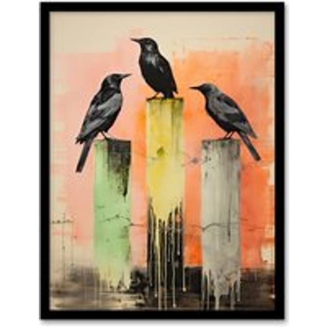 Wall Art Print Three Crows Sitting on a Pier Pink Green Yellow Framed - Beige - W12 inch x H16 inch