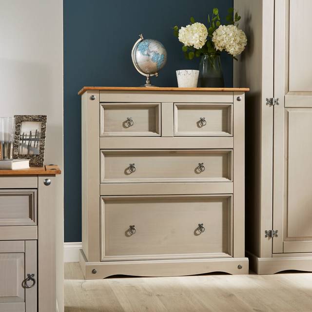 Corona 2+2 Chest of Drawers - Two-Tone Grey Pine Solid Mexican Wood, 4 Drawers (2+2) Rustic Storage