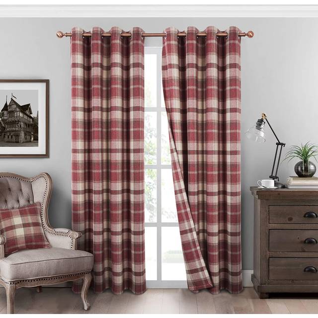 always4u Classic Red Plaid Curtains Highland Woolen Look Tartan Farmhouse Window Treatment Grommet Checked Curtains for Living Room Bedroom 2 Panels 5