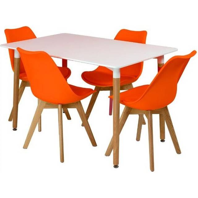(Orange) Charles Jacobs Rectangular Dining Table Set Four 4 Dinner Kitchen Chairs White Solid Beech Wood