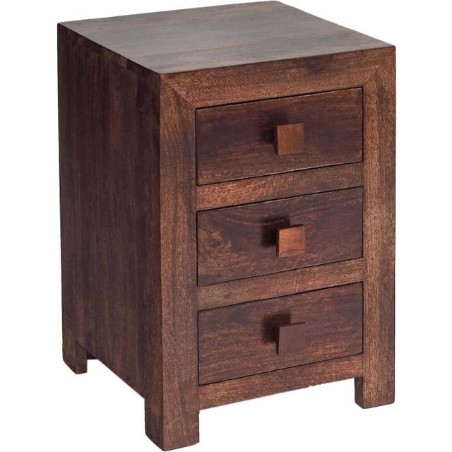 Contemporary Modern 3 Drawer Bedside Side Table Storage Dark Walnut Mango Wood
