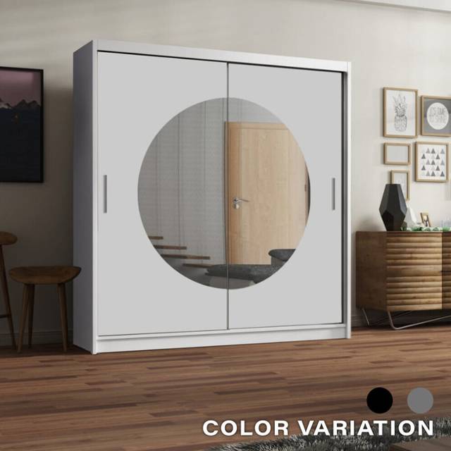 (White, 150CM) MN FURNITURE Moon Mirror Sliding Door Wardrobe