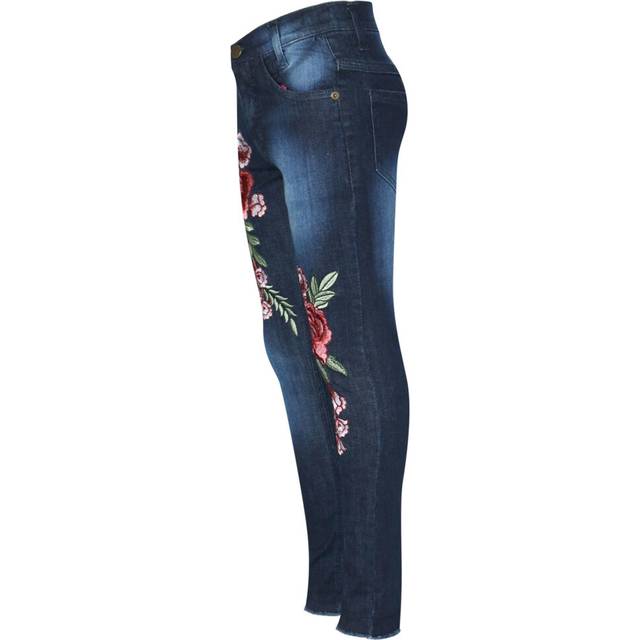 Kids girls stretchy jeans roses embroidered dark blue denim pant trouser jegging