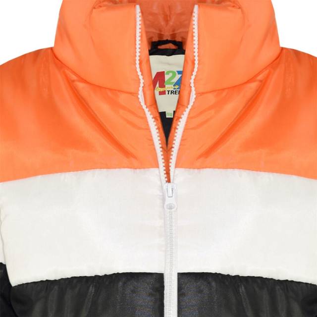 (7-8 Years, Black & Orange) Kids Girls Boys Jackets Designer Contrast Panel Hooded Quilted Padded Warm Coats