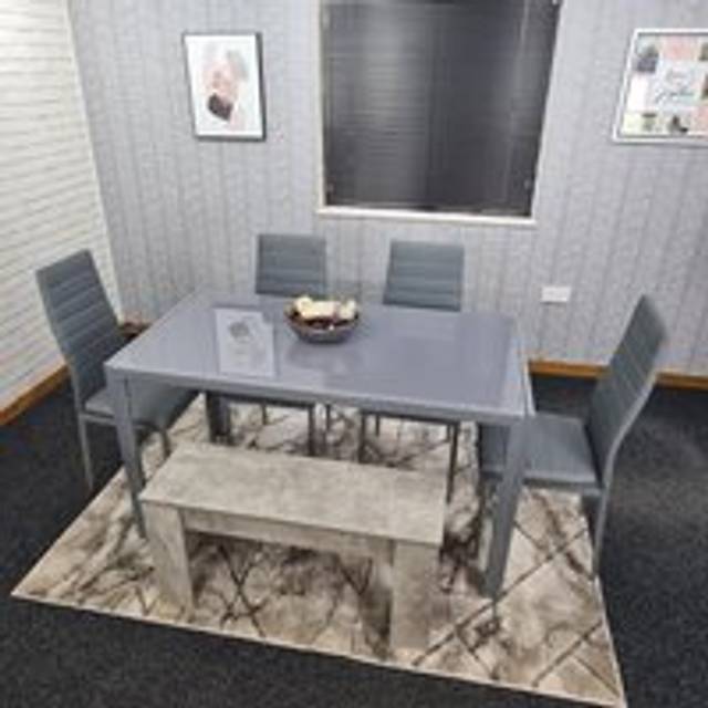 Kosy Koala Dining Table And 4 Chairs With A Bench Grey Glass 4 Leather Chairs Dining Room Furniture, Multi