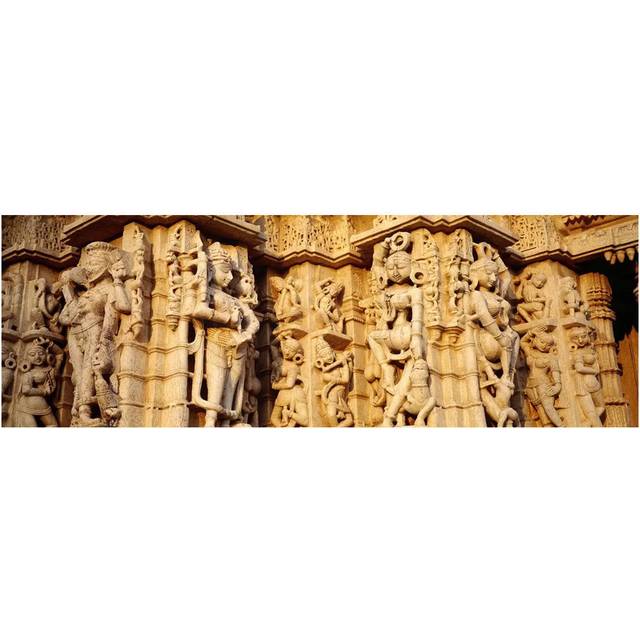 Sculptures Carved on a Wall of a Temple, Jain Temple - Wrapped Canvas Panoramic Photograph (30.48cm H x 91.44cm W x 3.81cm D)