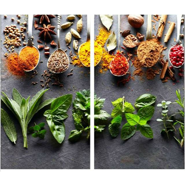 Geezy - Set of 2 Glass Chopping Cutting Board Induction Ceramic Hob Cover Worktop Saver (Spoons & Herbs)