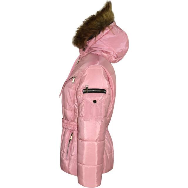 (13 Years, Baby Pink) Kids Girls Jacket Puffer Hooded Faux Fur Padded Zipped Belted Slim Fit Warm Coat