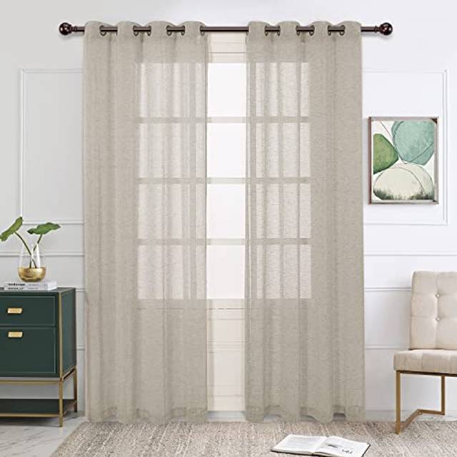 BONZER Burlap Linen Sheer Curtains for Living Room - Grommet Top Sheer Drapes 84 inches Length Light Filtering Voile Window Curtain for Bedroom  Set o